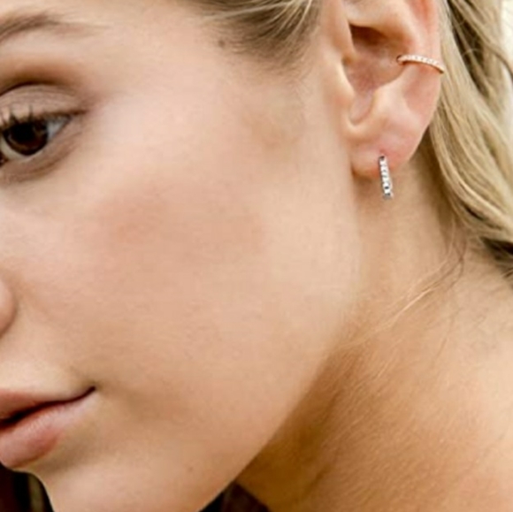 14K White Gold Plated Huggie Earrings - Picture 2 of 7